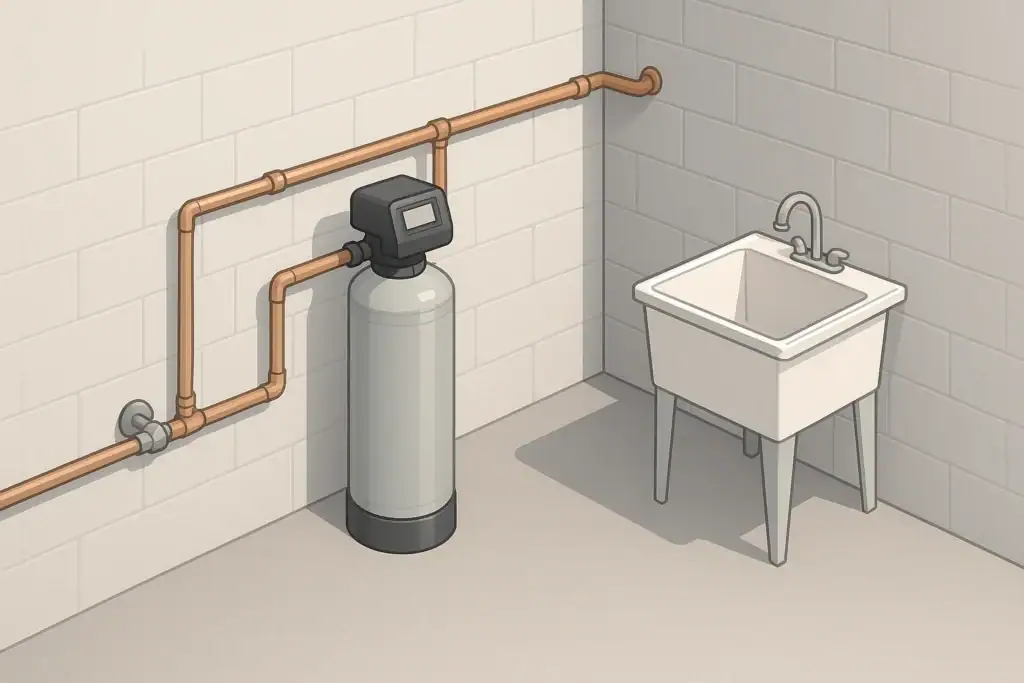 isometric illustration of a whole house backwashing water filter