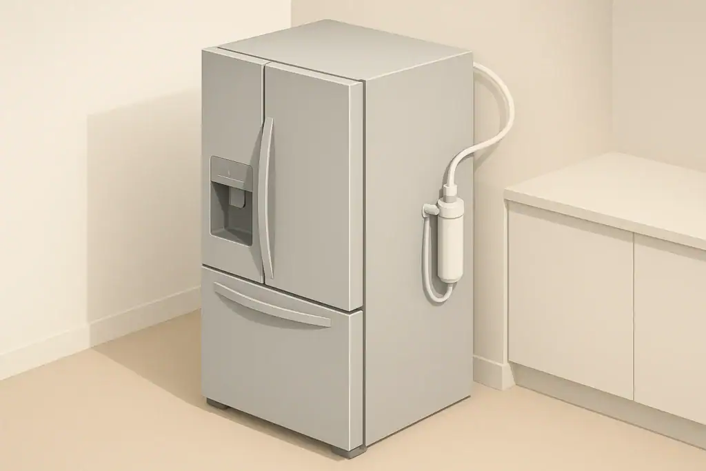 Modern refrigerator with inline water filter and dispenser