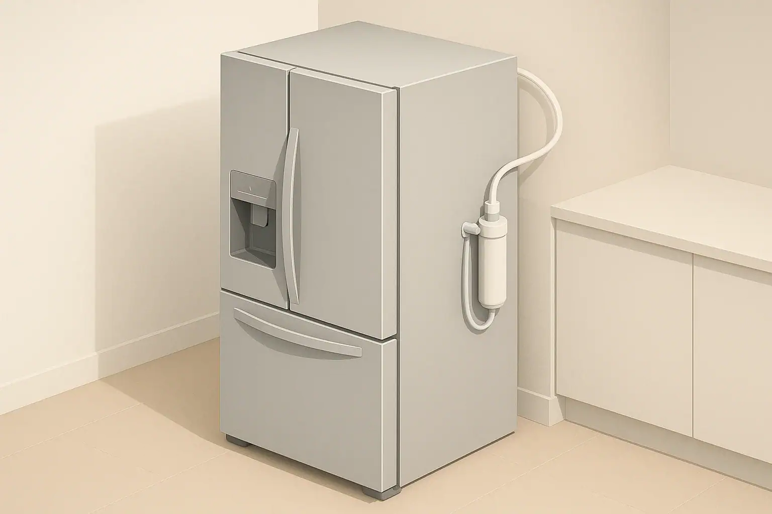 Modern refrigerator with inline water filter and dispenser