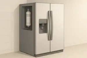 Isometric illustration of refrigerator with inline water filter