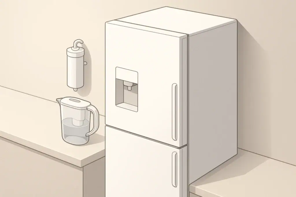 Refrigerator filter and water pitcher on modern kitchen counter