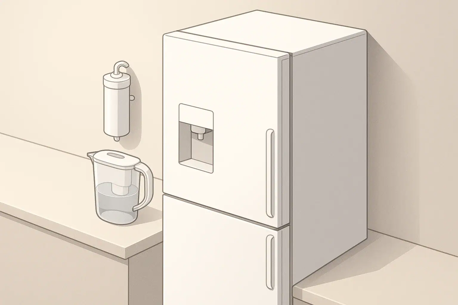 Refrigerator filter and water pitcher on modern kitchen counter
