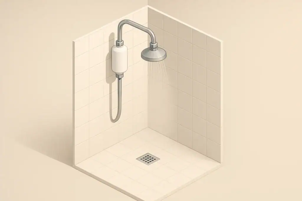 Isometric illustration of a shower head with an inline filter
