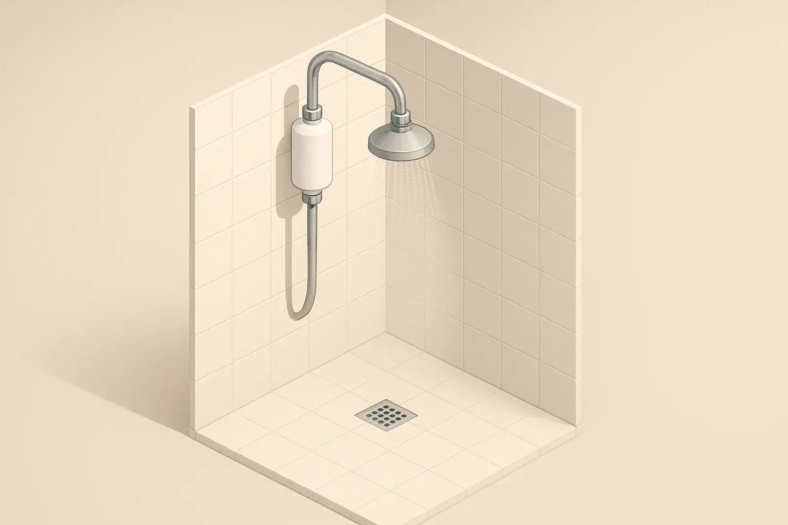 Isometric illustration of a shower head with an inline filter
