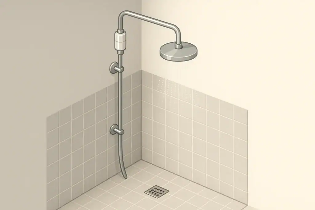 Isometric illustration of a shower with an inline filter