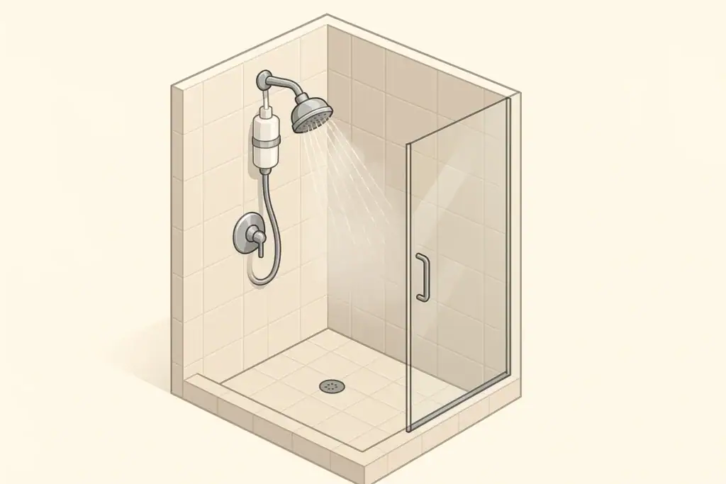 Modern shower with inline shower filter and soft water spray