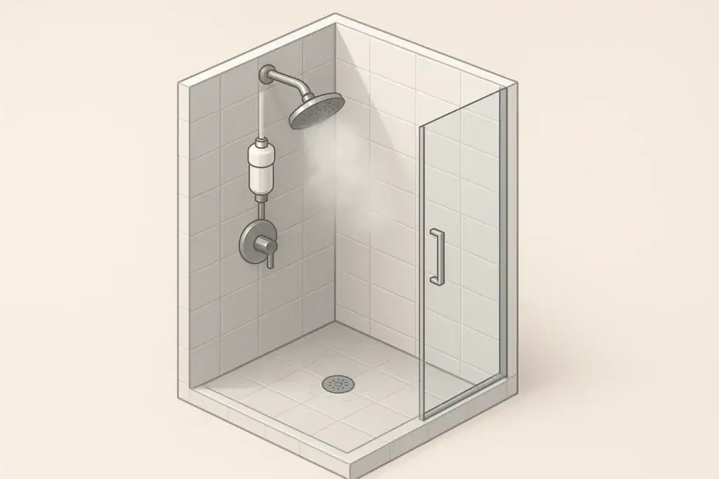 Modern shower with inline shower filter and soft water mist