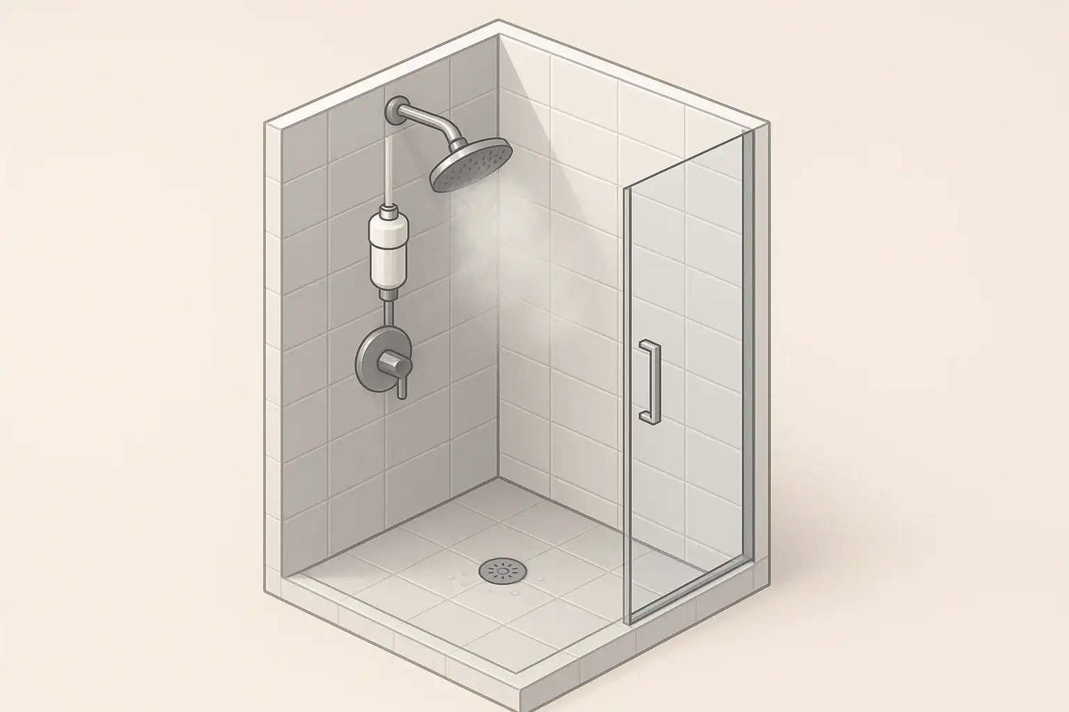 Modern shower with inline shower filter and soft water mist