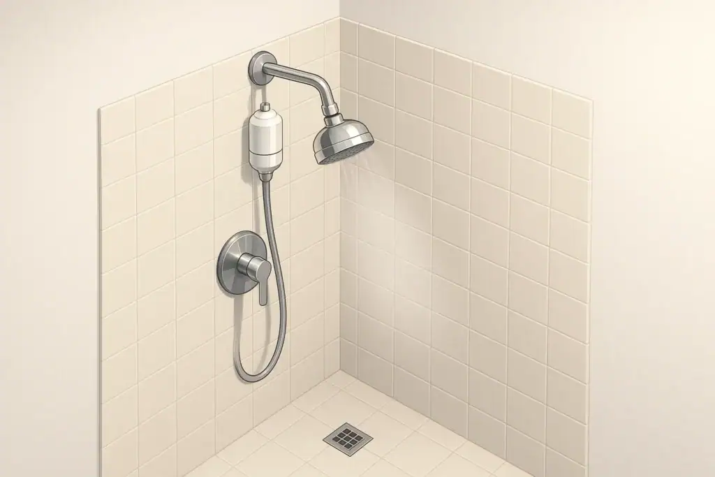 Isometric illustration of a shower with an inline filter