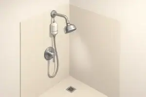 Isometric illustration of a shower with an inline filter