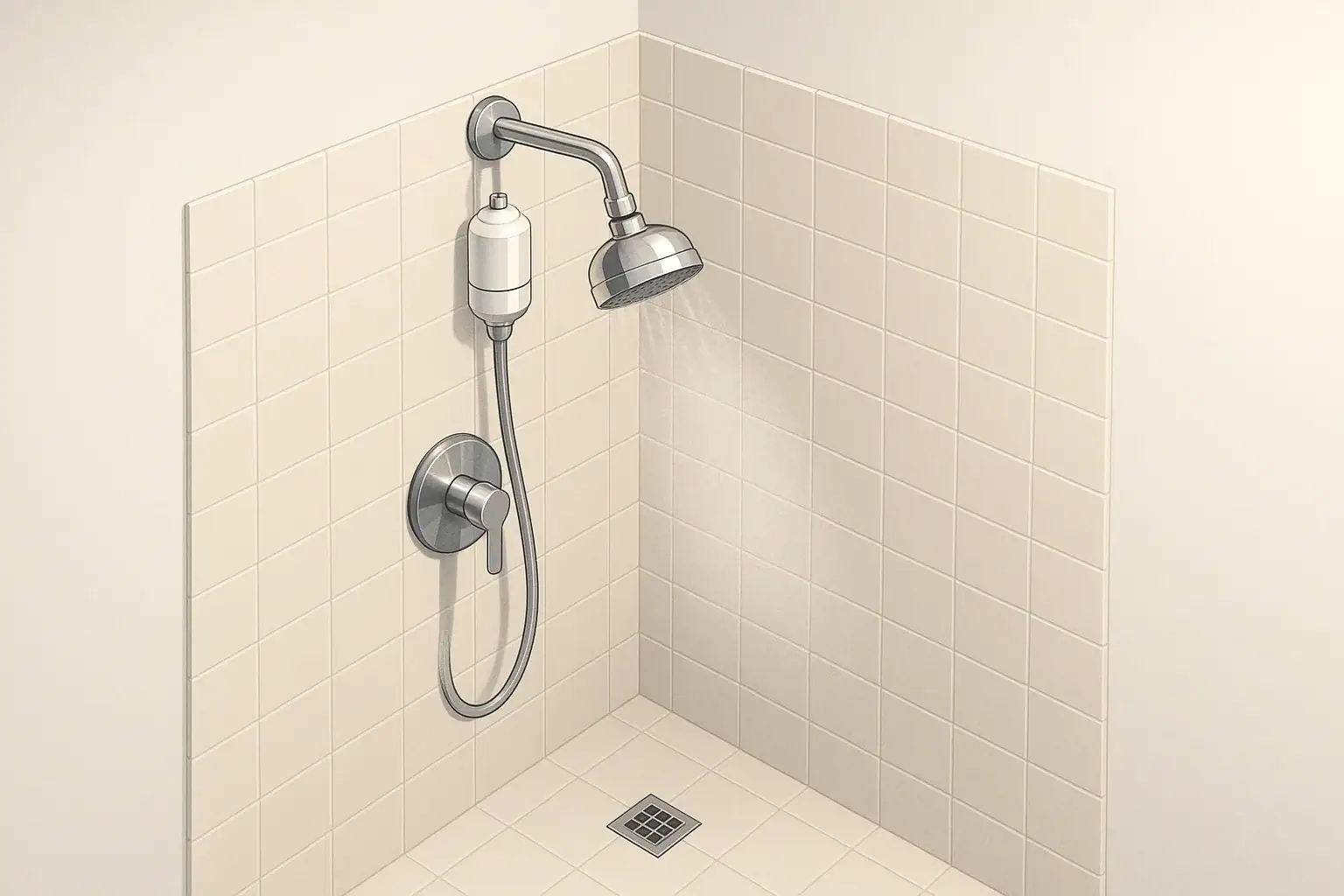 Isometric illustration of a shower with an inline filter