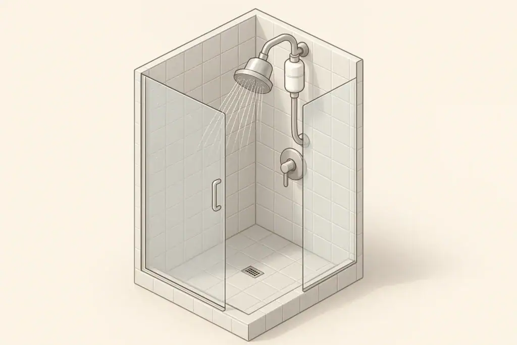 Isometric illustration of shower with inline filter reducing scale