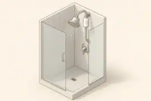 Isometric illustration of shower with inline filter reducing scale