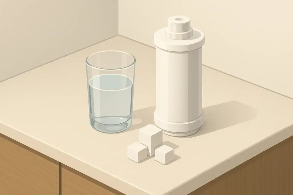 Isometric kitchen scene with glass of water and filter