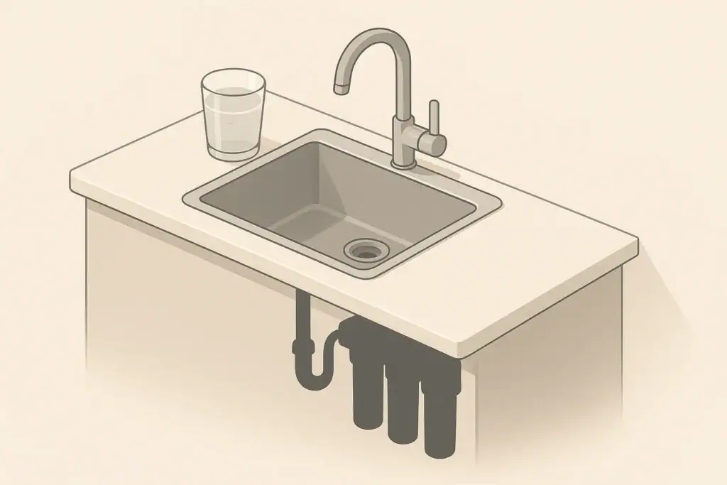 isometric illustration of cloudy tap water and filter under sink