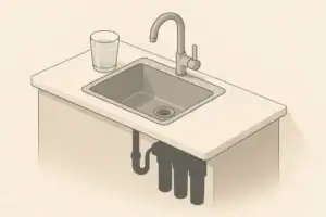 isometric illustration of cloudy tap water and filter under sink