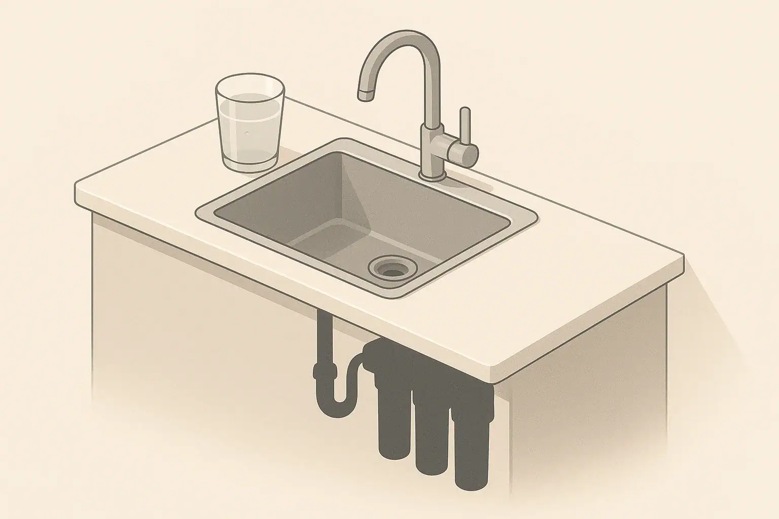isometric illustration of cloudy tap water and filter under sink