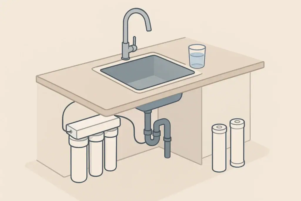 Isometric illustration of kitchen sink with under sink water filter