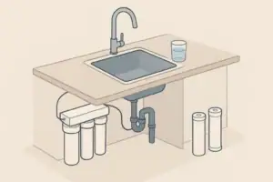 Isometric illustration of kitchen sink with under sink water filter