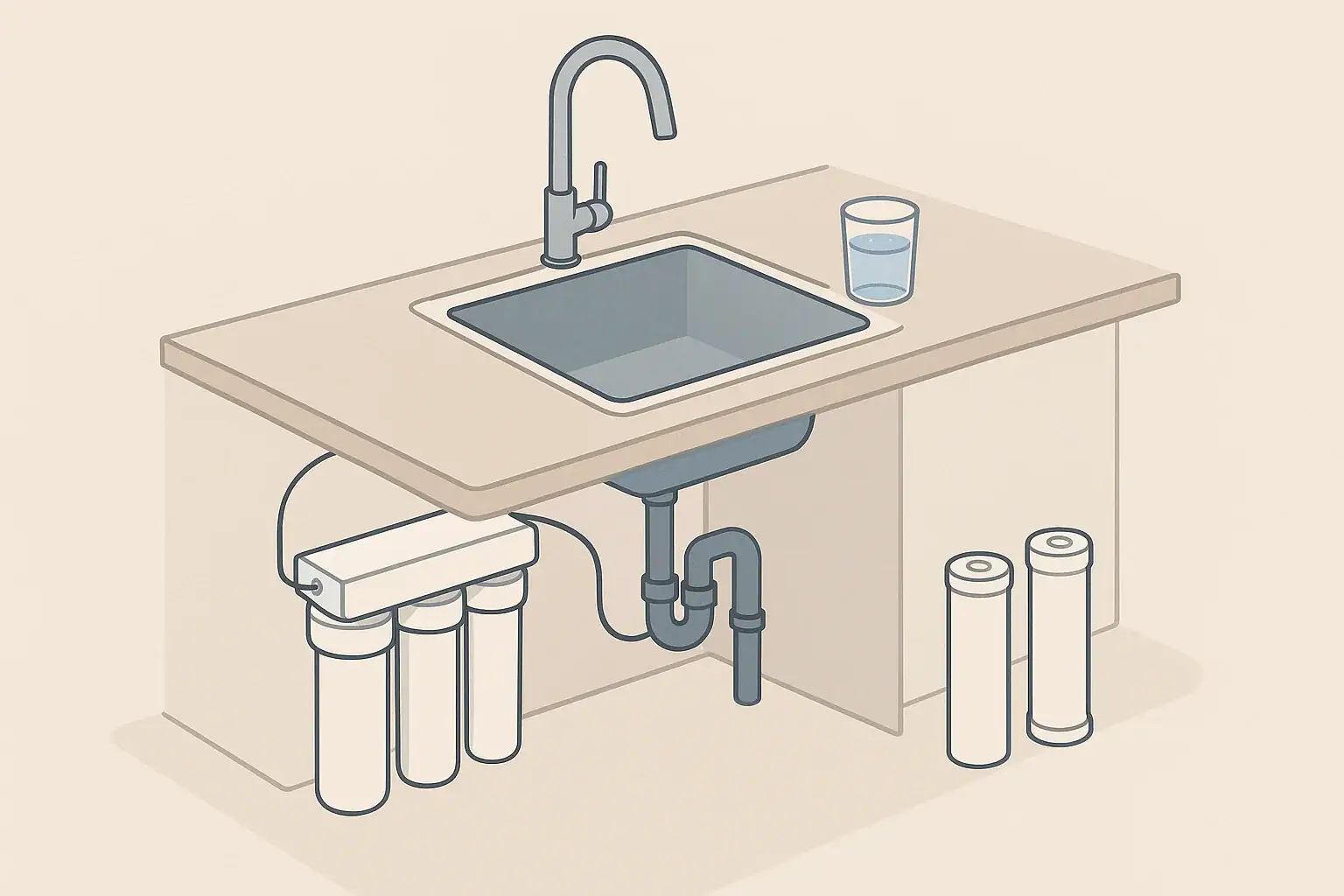Isometric illustration of kitchen sink with under sink water filter