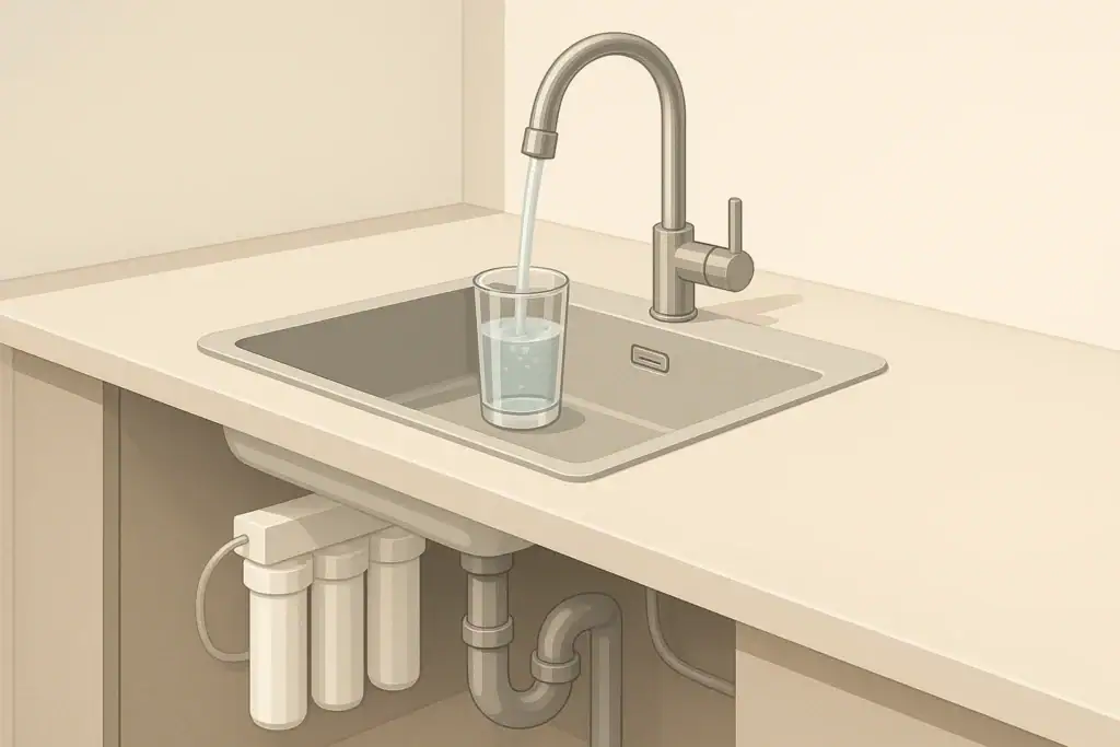 Isometric illustration of kitchen sink with under sink water filter