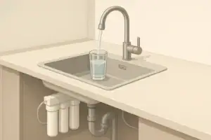 Isometric illustration of kitchen sink with under sink water filter