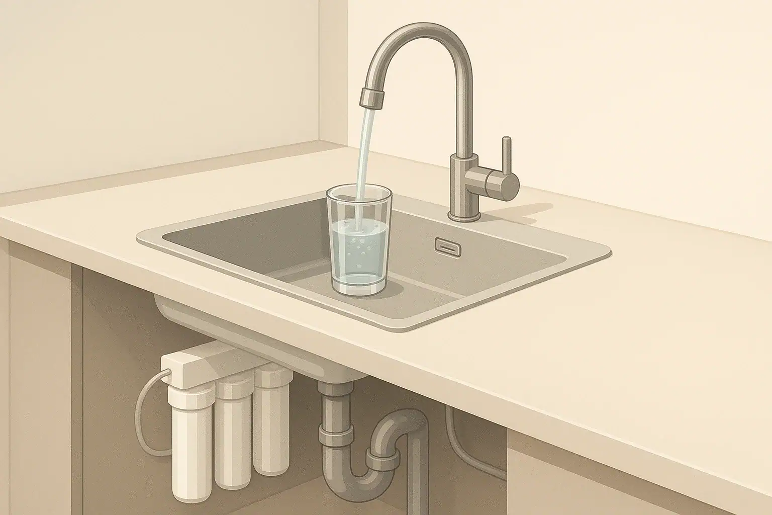 Isometric illustration of kitchen sink with under sink water filter