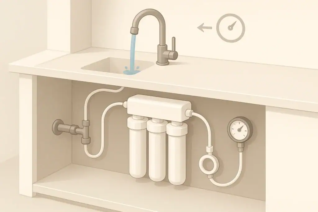 isometric under sink water filter connected to kitchen faucet