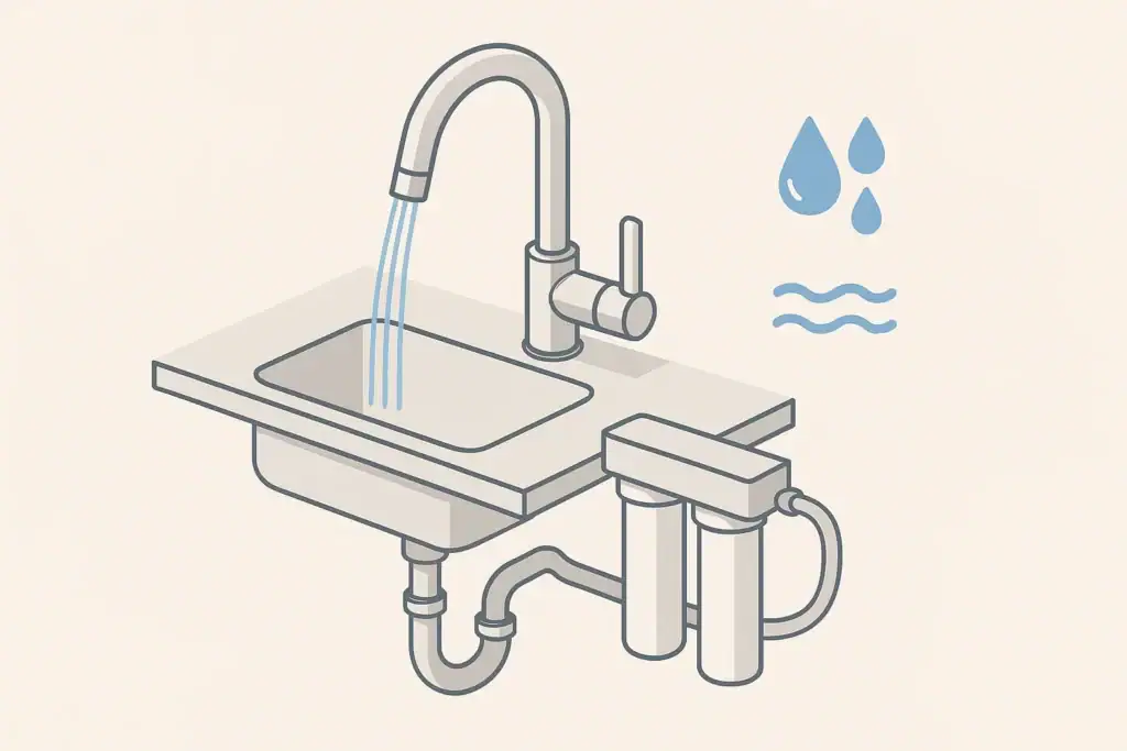 isometric under sink water filter system showing faucet flow