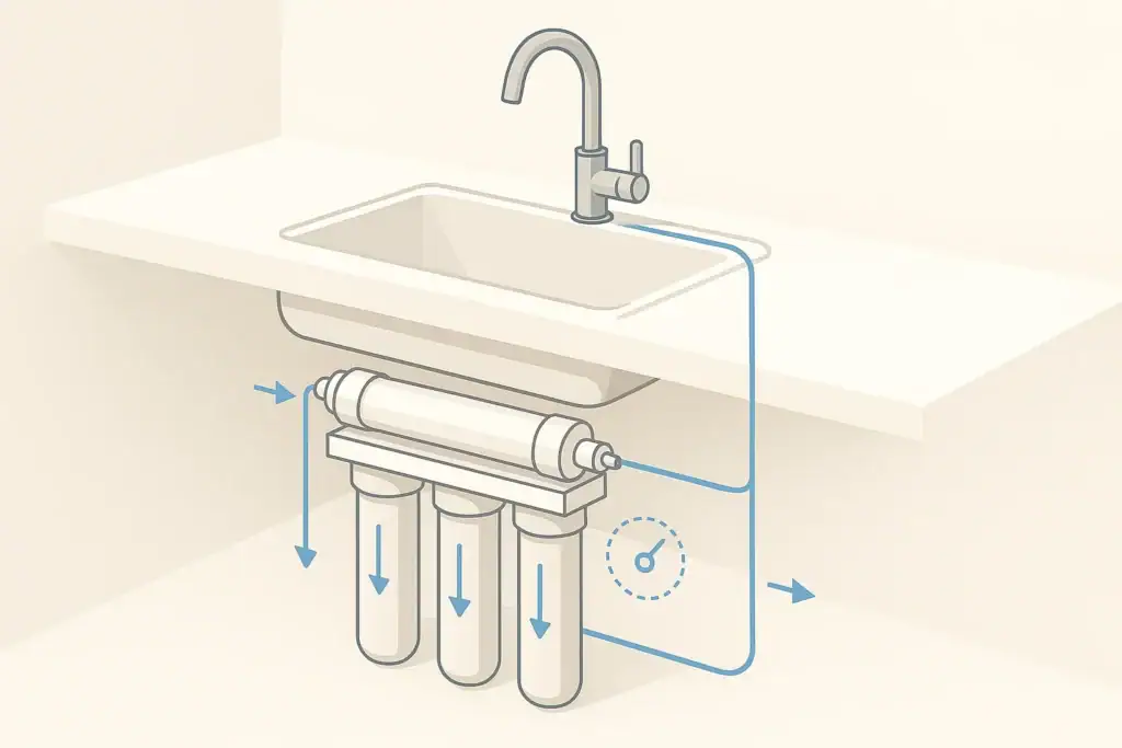 isometric under sink water filter system showing multiple stages