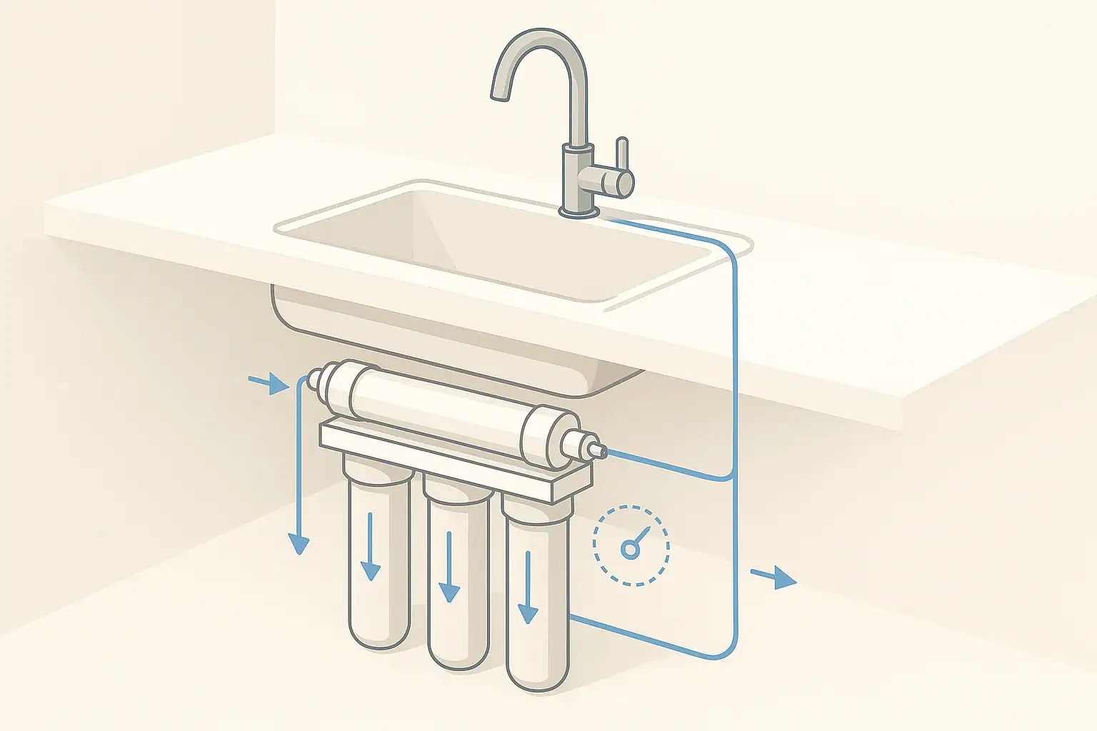 isometric under sink water filter system showing multiple stages