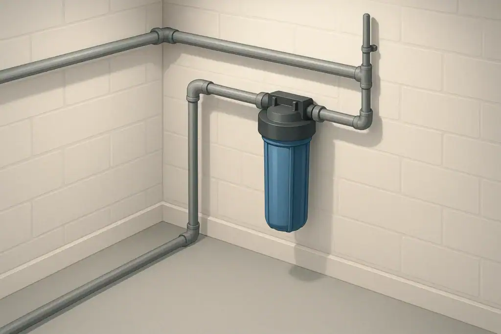 Isometric whole house water filter on main supply line