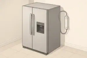 Isometric illustration of refrigerator with inline water filter