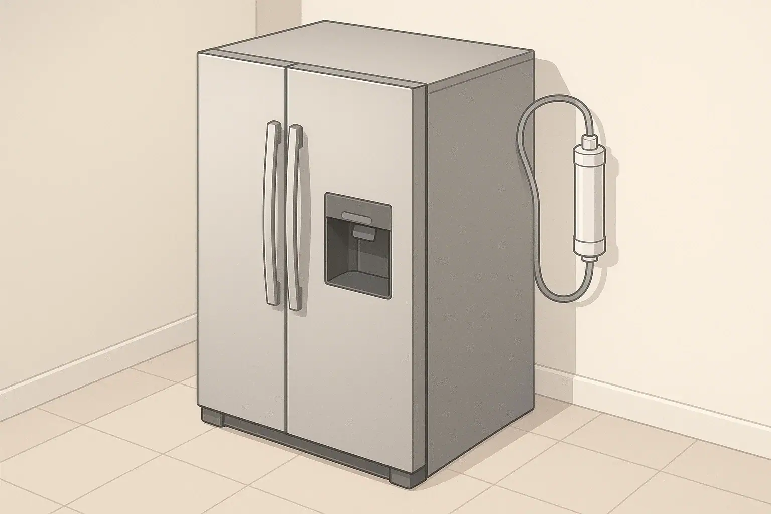 Isometric illustration of refrigerator with inline water filter