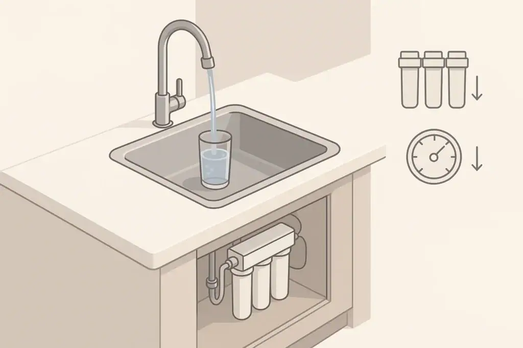 Isometric illustration of an under sink water filter and faucet flow