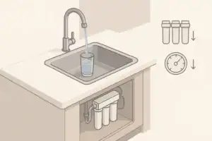 Isometric illustration of an under sink water filter and faucet flow