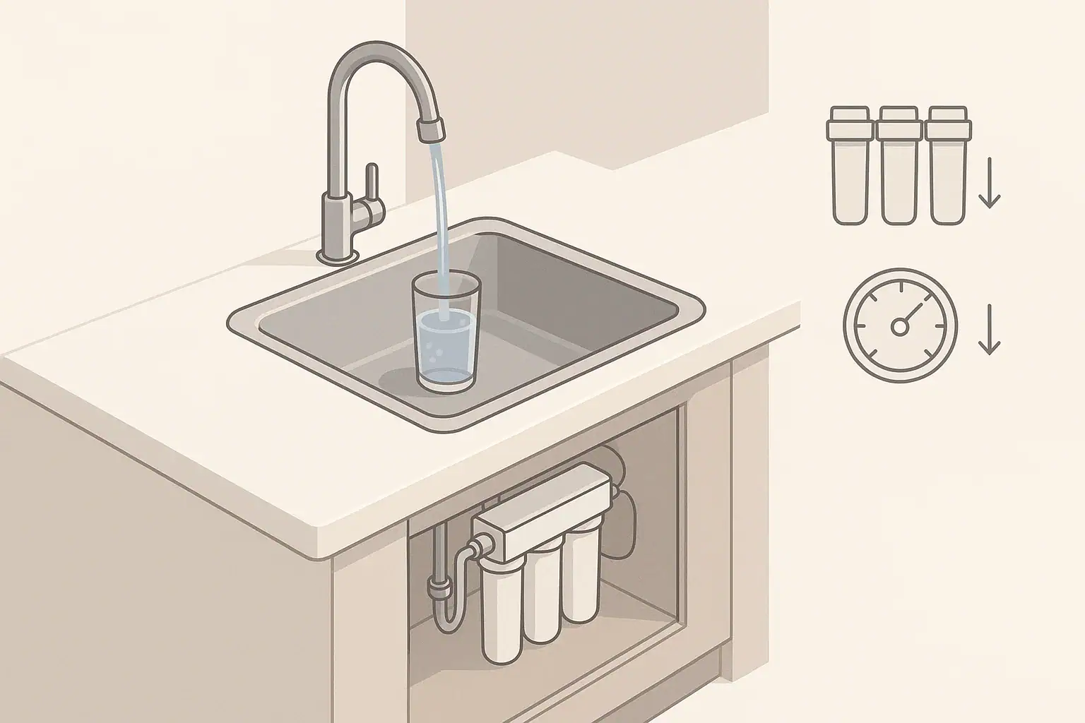 Isometric illustration of an under sink water filter and faucet flow