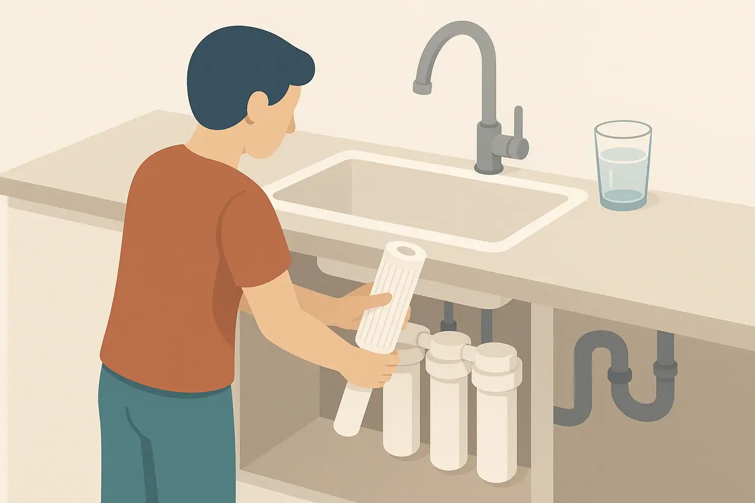 Isometric illustration of a person changing a kitchen water filter cartridge