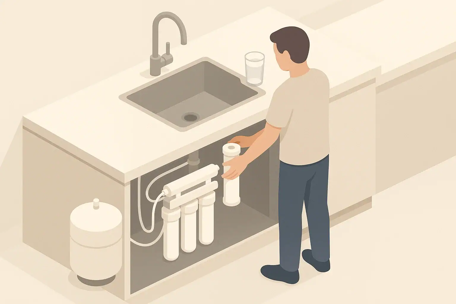 person changing a kitchen under sink water filter cartridge