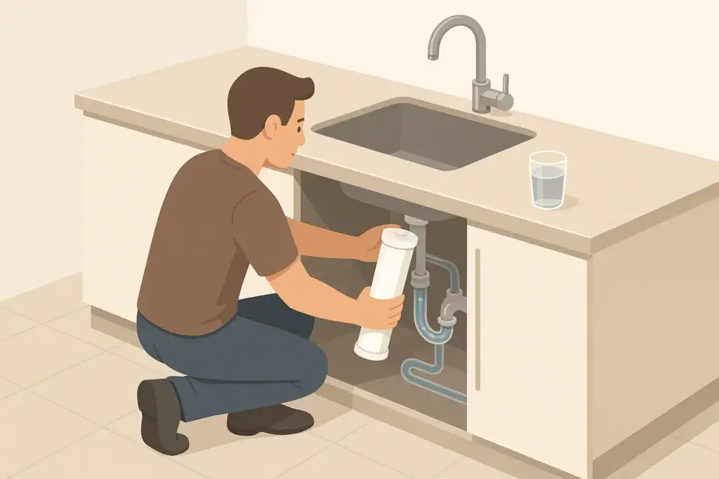 Person changing an under sink water filter cartridge