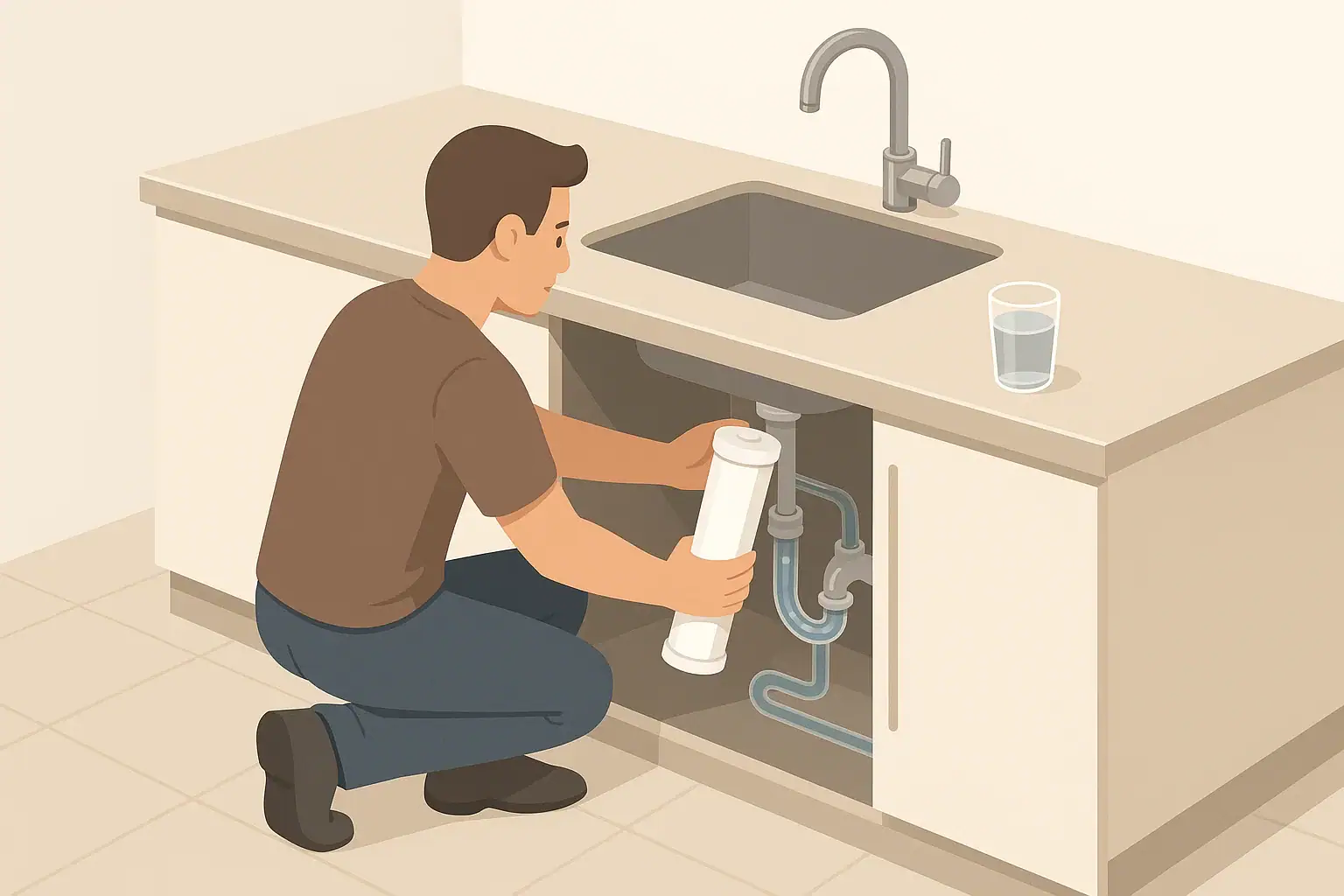 Person changing an under sink water filter cartridge
