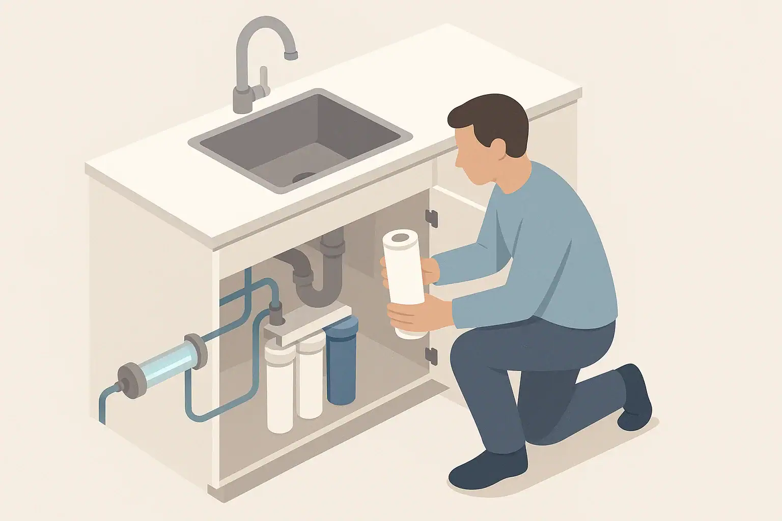 Homeowner changing under sink filter cartridge with UV disinfection unit