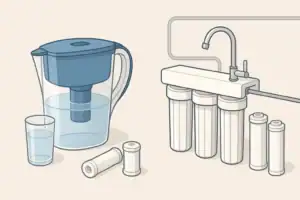 isometric illustration comparing two home water filtration setups