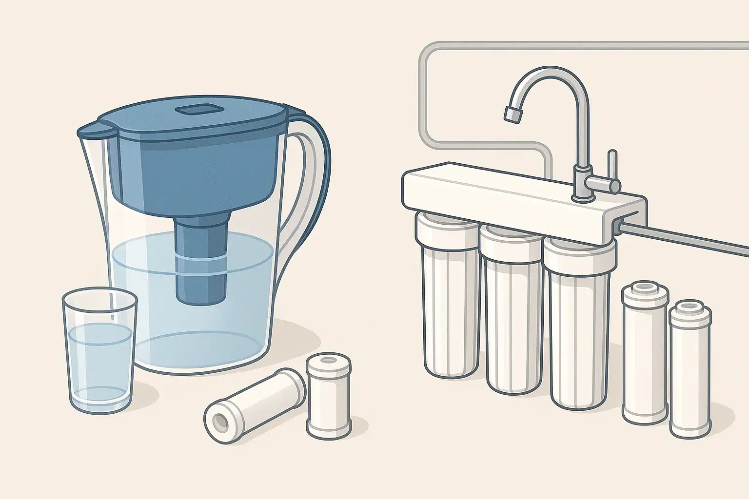 isometric illustration comparing two home water filtration setups