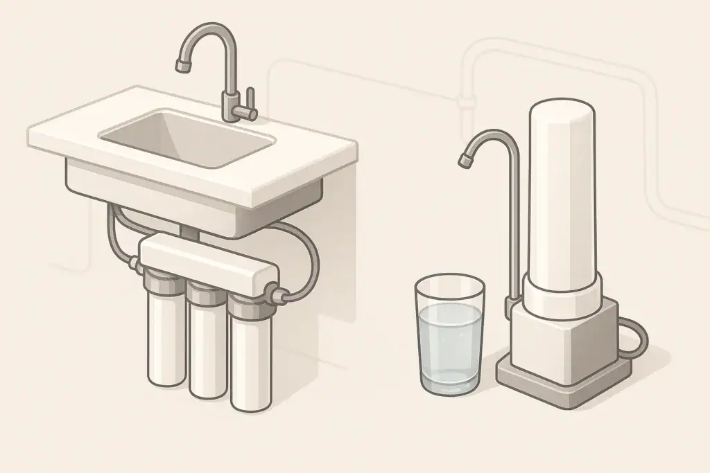 isometric illustration comparing two home water filter systems