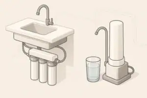 isometric illustration comparing two home water filter systems