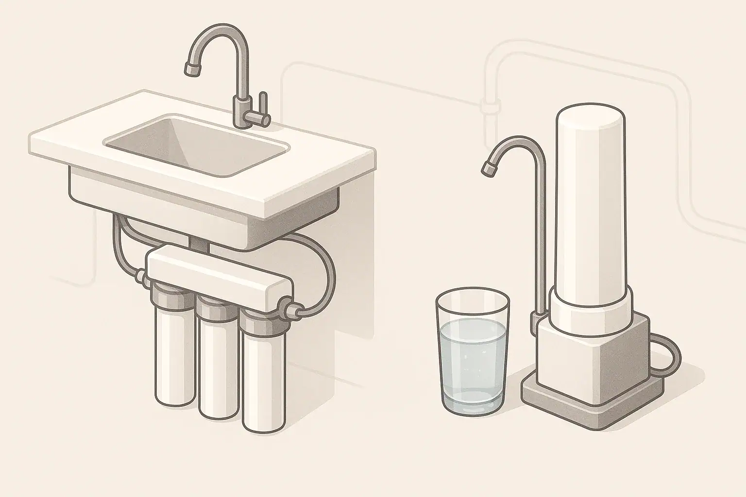 isometric illustration comparing two home water filter systems