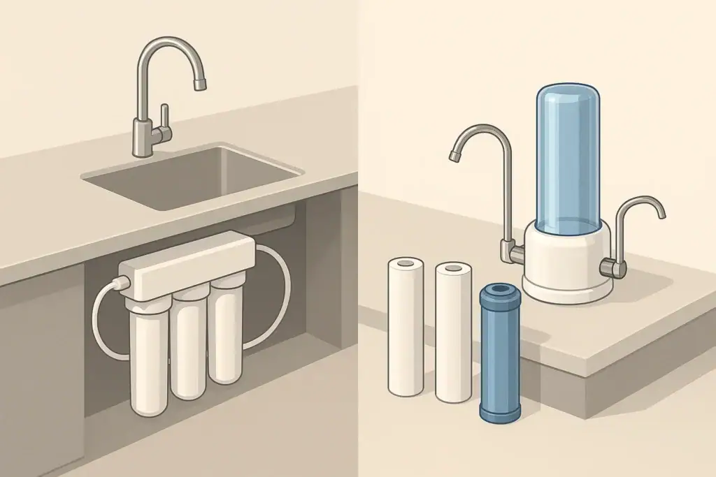 isometric illustration of home water filters and spare cartridges