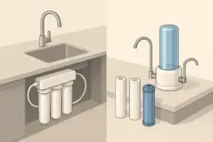 isometric illustration of home water filters and spare cartridges