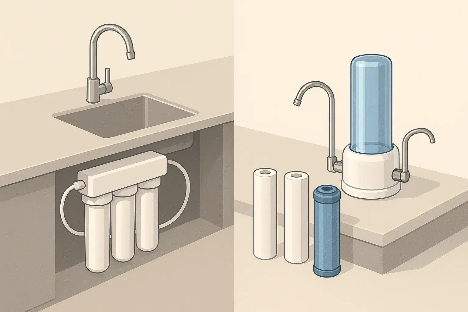 isometric illustration of home water filters and spare cartridges